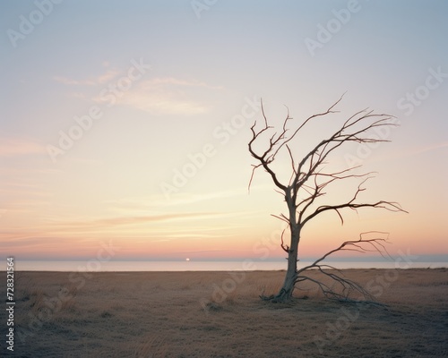A dead tree on a beach at sunset. Generative AI.