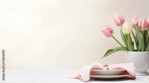 A chic Easter table setting with a single blooming tulip as a centerpiece aga...
