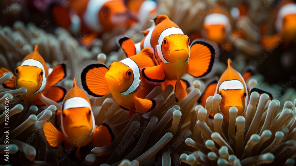 A kaleidoscope of clownfish darting among the swaying anemone, forming a picturesque symbiosis. A kaleidoscope of clownfish darting among the swaying anemone, forming a picturesque symbiosis.