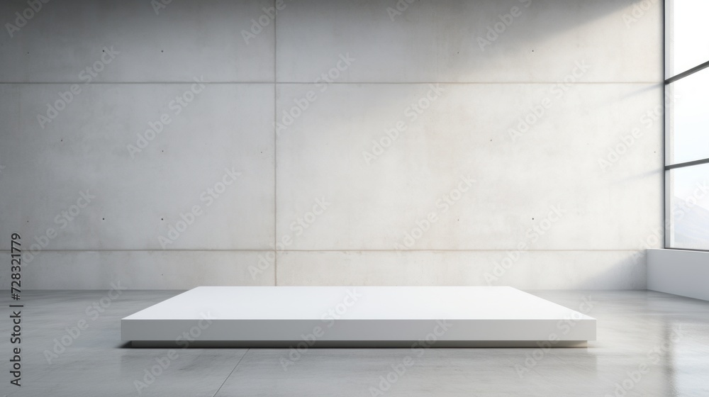 A minimalist podium in a contemporary art gallery with a pristine white backdrop. A minimalist podium in a contemporary art gallery with a pristine white backdrop.