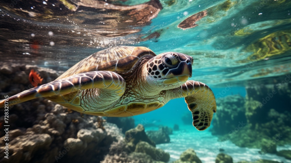 Fototapeta premium A graceful sea turtle gliding through crystal-clear waters, surrounded by schools of shimmering fish.