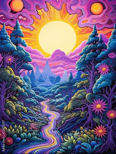 Psychedelic Groovy Patterns Landscape Poster: Nature in Trippy Designs © Michael