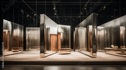 A minimalist luxury fashion exhibit with mirrored walls and modern, metallic ...