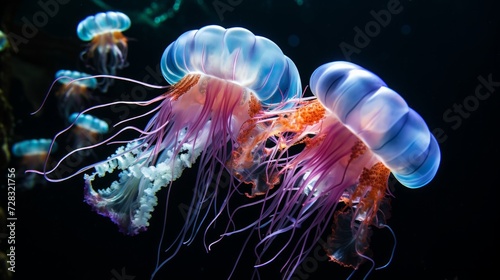 A mesmerizing jellyfish bloom, their translucent bodies glowing ethereally in...