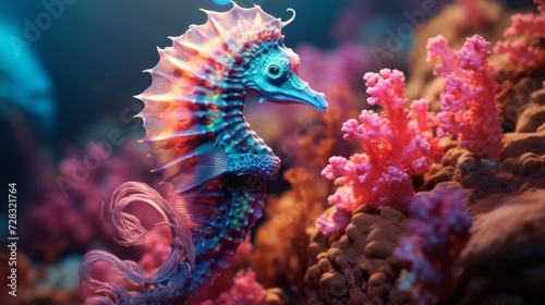 A close-up of a neon-bright seahorse, blending seamlessly with its coral surr...