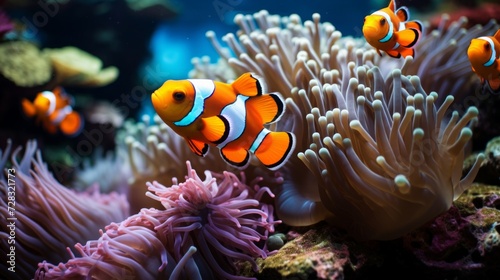 A kaleidoscope of clownfish darting among the swaying anemone  forming a picturesque symbiosis.