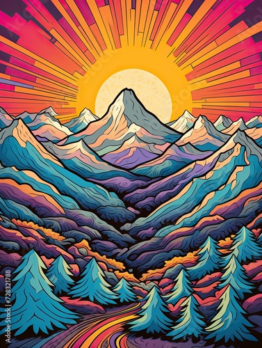 Psychedelic Groovy Retro Landscape: Vibrant Patterns of Mountain Peaks Art