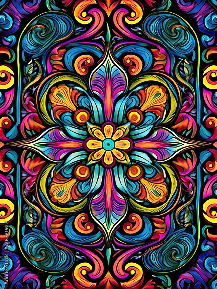 Fototapeta premium Psychedelic Groovy Patterns: Rustic Wall Decor - Colorful Hippie Blend