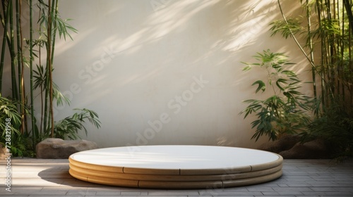 A minimalist podium in a quiet bamboo grove, creating a sense of serenity and...
