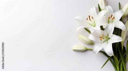 A minimalist Easter scene featuring a lone, graceful lily on a pristine white backdrop. photo