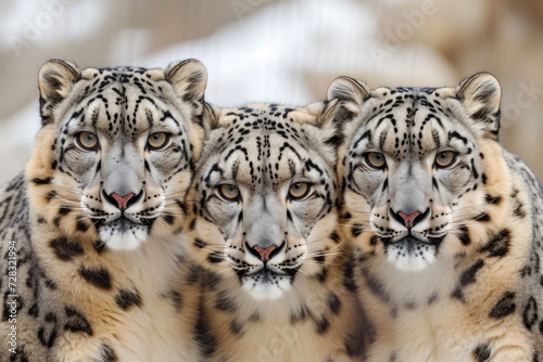 A mesmerizing close-up of three snow leopards  their captivating eyes fixed upon the camera