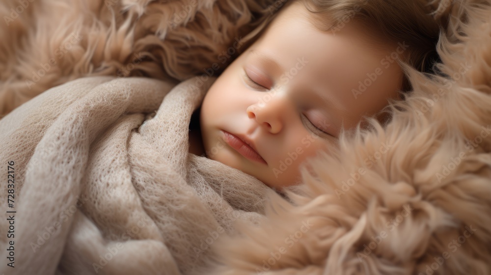Newborn baby falling asleep on a fluffy blanket