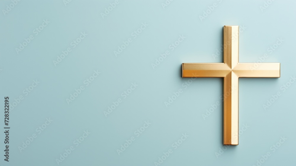 A clean, modern Easter card design showcasing a simple, gold foil cross on pale blue.