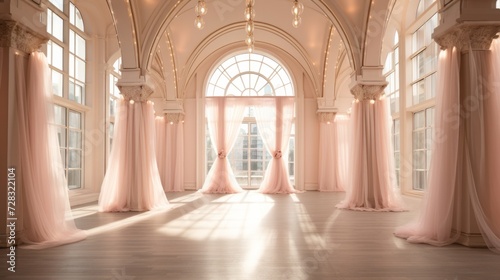 Foto A luxurious fashion event venue featuring grand archways and soft, ethereal lighting