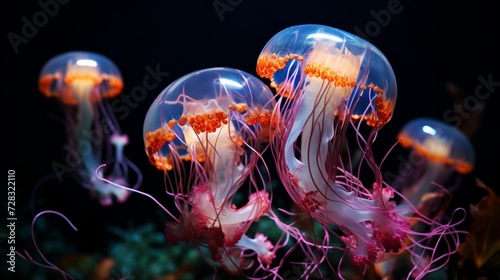 A mesmerizing jellyfish bloom, their translucent bodies glowing ethereally in the ocean's darkness