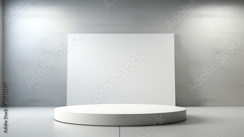 A minimalist podium in a contemporary art gallery with a pristine white backd...