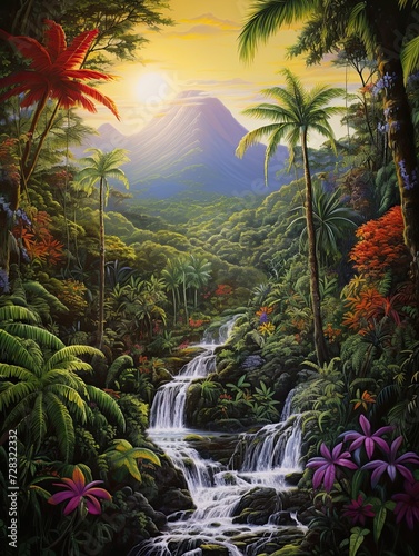 Rainforest Waterfall Scenes  Majestic  Tropical Peak Waters in this Stunning Mountain Landscape Art