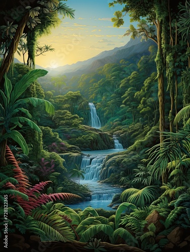 Rainforest Waterfall Scenic Vista Wall Art  Majestic Views Overlooking Jungle Basins
