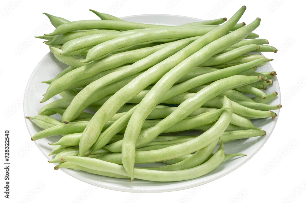 Fresh Bush bean or Fresh green beans on a white plate isolate on white PNG file. Fresh Bush bean or Fresh green beans on a white plate isolate on white PNG file.