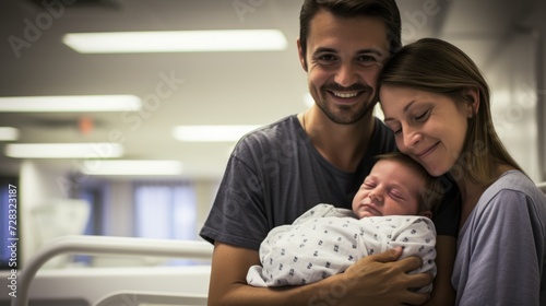 Happy parents holding their baby in the maternity ward photo