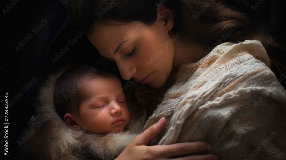 Newborn sleeping on his mother's chest, expressing closeness and tenderness