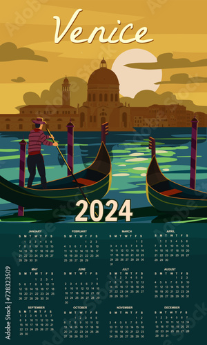 Calendar 2024 Venice Italia Poster retro style. Grand Canal