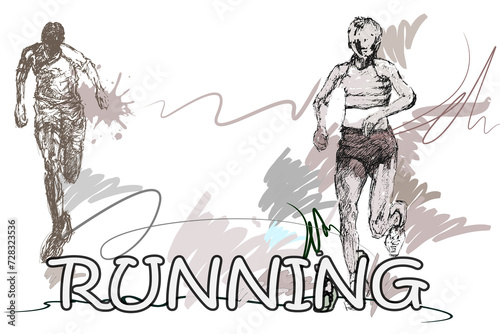 man and woman walk running sport sketch art © pichart99thai