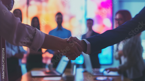 Teamwork and Technology: Group of young business people standing in the office, rejoicing at the deal struck. Man shaking hands with a woman, concluding a meeting, signing a contract, or welcoming a n