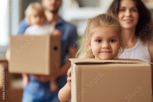 A family is moving into the new home. They are holding cardboard boxes.  © Straxer