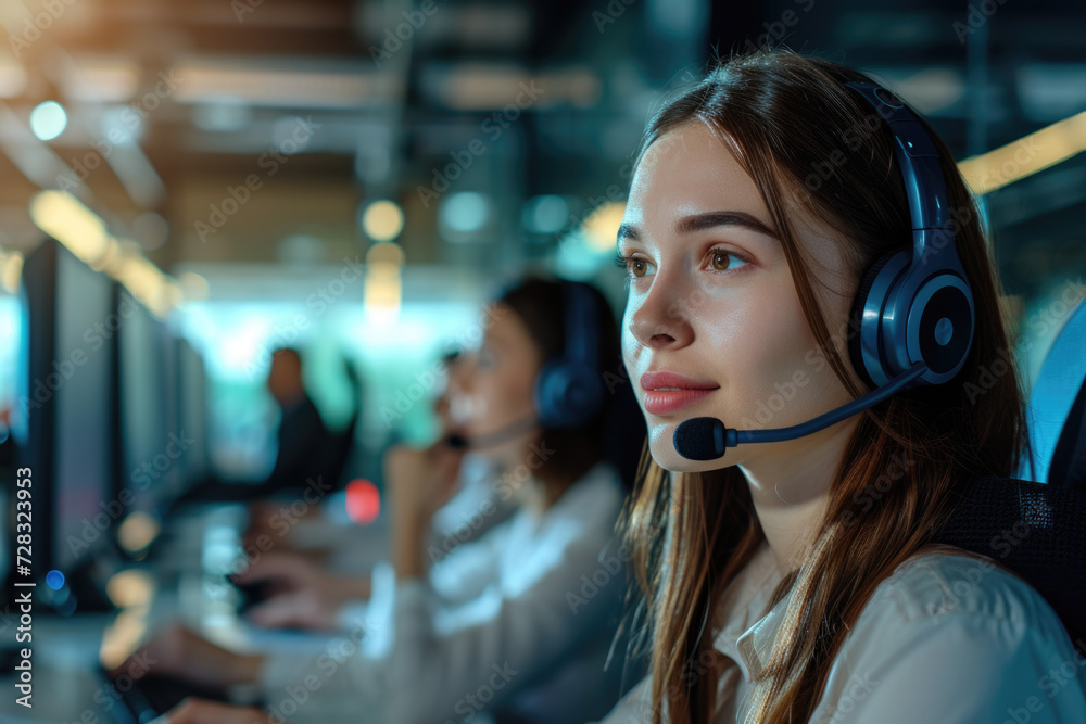 Photograph of a cordial woman in headphones, at her computer workstation, amidst her team in the office, portraying a bustling call center workspace. Generated AI Photograph of a cordial woman in headphones, at her computer workstation, amidst her team in the office, portraying a bustling call center workspace. Generated AI