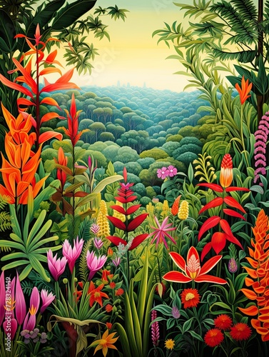 South American Festival Flora and Fauna  Botanical Wall Art Featuring Vibrant Festival Scenes