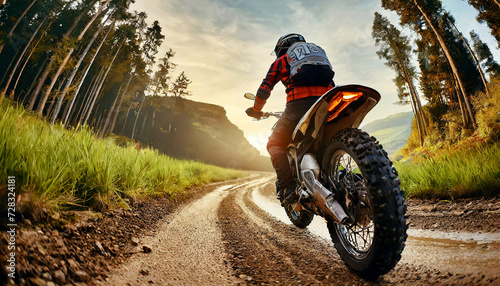Back view of a man riding an off-road motorcycle (motocross or enduro motorcycle) on a mountain road in a green forest. Generative Ai. photo