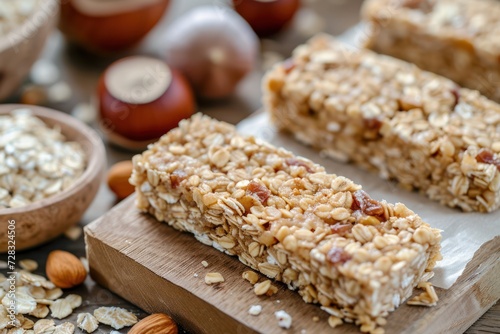 Close up of homemade granola energy bars. At the left of the image is a wooden cutting board with a granola bar, a minced hazelnut and oat flakes. 