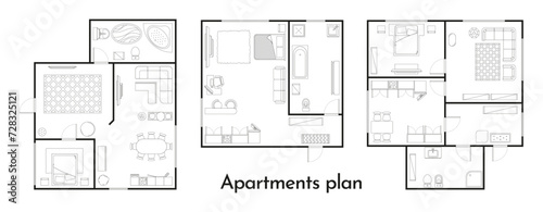 Apartment plan. Room floor plan with furniture and window, home, office and bedroom layout. Vector apartment building floor plan. Kitchen, bathroom and living room draft illustration