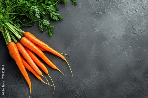 Fresh carrot bunch with copy space on dark gray textured background