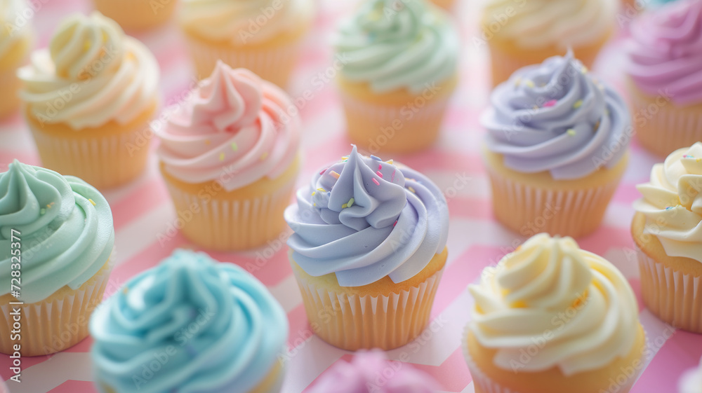 colourful cupcakes in a pastel colour pattern on white background