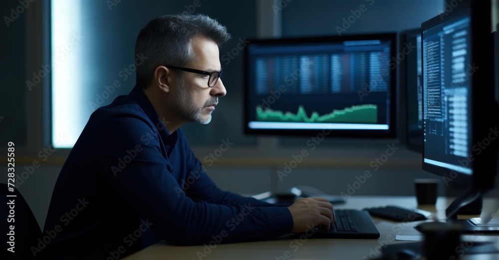Cybersecurity expert in a dark office, analyzing threats on multiple screens.