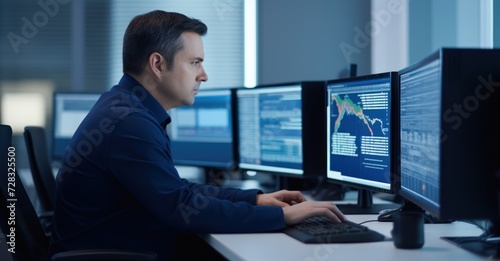 Cybersecurity expert in a dark office, analyzing threats on multiple screens. © Stock Pix