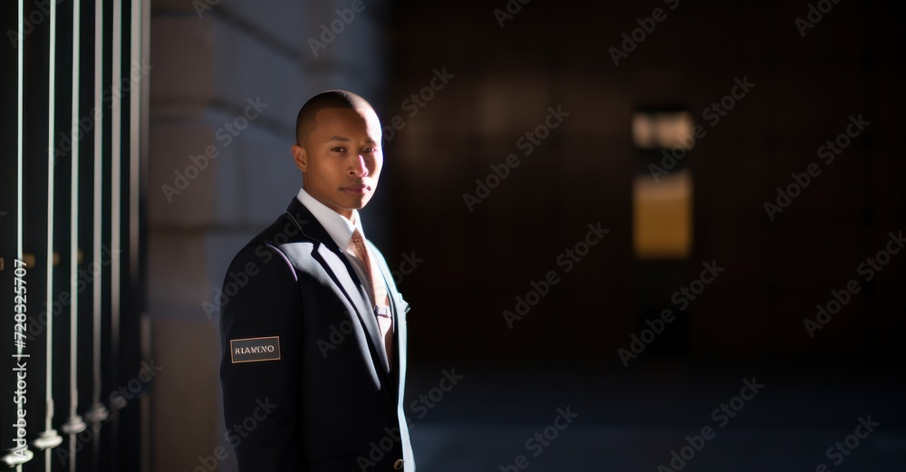 Naklejka premium Alert security guard at VIP event entrance, emphasizing safety and vigilance.