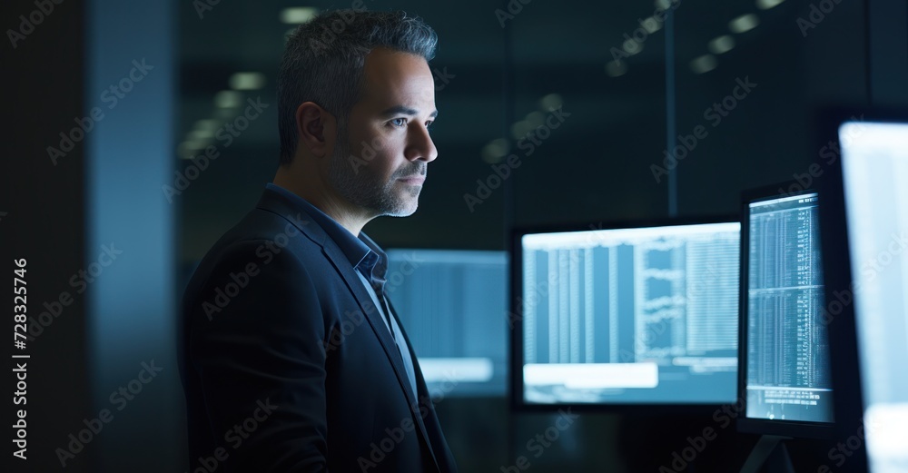 Cybersecurity expert in a dark office, analyzing threats on multiple screens. Cybersecurity expert in a dark office, analyzing threats on multiple screens.