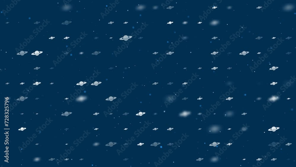 Template animation of evenly spaced saturn symbols of different sizes and opacity. Animation of transparency and size. Seamless looped 4k animation on dark blue background with stars Template animation of evenly spaced saturn symbols of different sizes and opacity. Animation of transparency and size. Seamless looped 4k animation on dark blue background with stars