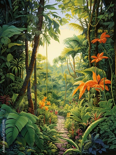 Tropical Jungle Canopies Pathway  A Serene Trek Through Lush Underbrush