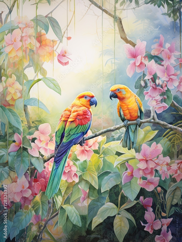 Vibrant Tropical Birds Morning Mist Painting: Birds at Sunrise in a Tropical Paradise