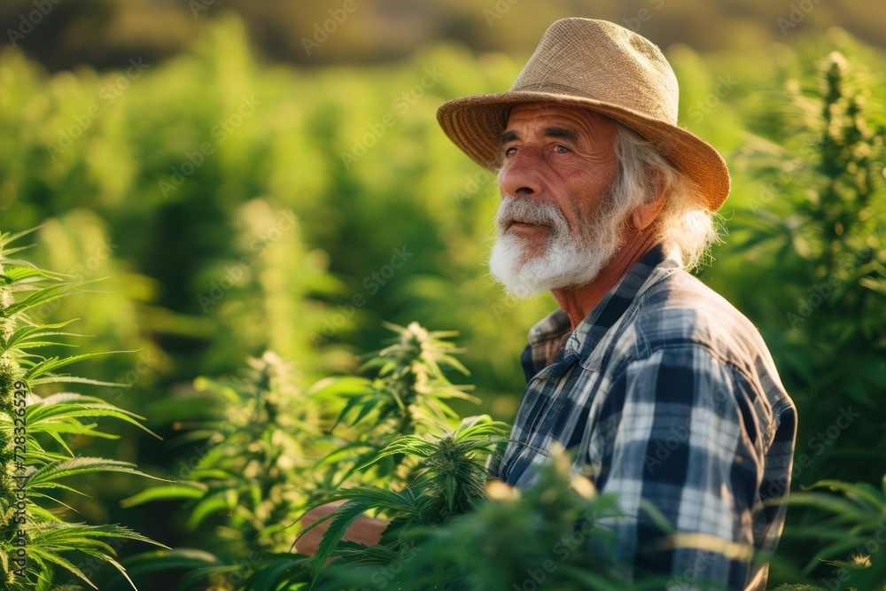 Shot of senior farmer in cannabis fields checking the crops. 