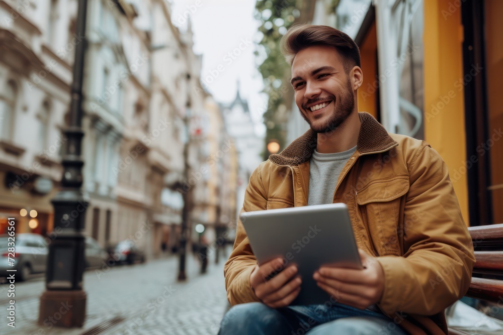 Smiling man with tablet, sitting outdoors in nice city environment Smiling man with tablet, sitting outdoors in nice city environment