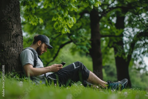 Sportsman using his smart phone while resting in the park.