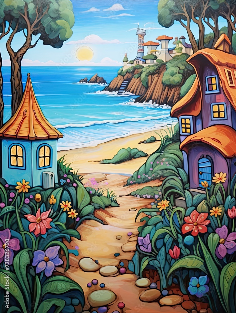 Whimsical Fairytale Cottages Beach Scene: Seaside Fairy Cottages with Ocean View