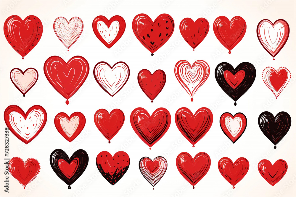 Set of hand drawn red hearts. Brush strokes. Vector design elements isolated on white background