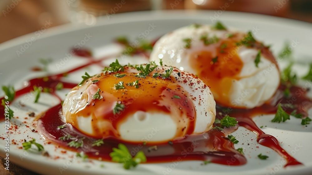 Eggs meurette or poached eggs with red wine sauce closeup on the plate on the table Eggs meurette or poached eggs with red wine sauce closeup on the plate on the table