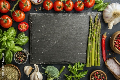 Top view of an empty stone tray with copy space on top surrounded by vegetables like asparagus, and cherry tomatoes, some spices and condiments 